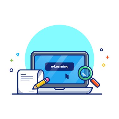 Laptop, Magnifying Glass, Paper And Pencil Cartoon Vector Icon Illustration. Education Technology Icon Concept Isolated Premium Vector. Flat Cartoon Style