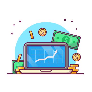 Laptop With Coin Money And Graph Statistic Cartoon Vector Icon Illustration. Technology Finance Icon Concept Isolated Premium Vector. Flat Cartoon Style