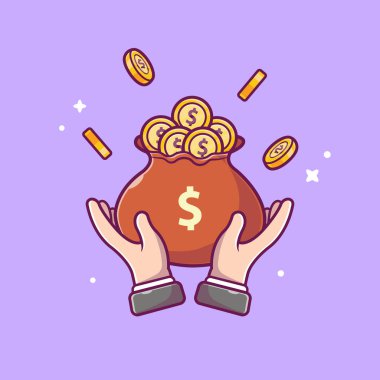 Hand With Money Bag And Gold Coin. Cartoon Vector Icon Illustration. Finance Business Concept Isolated Premium Vector. Flat Cartoon Style