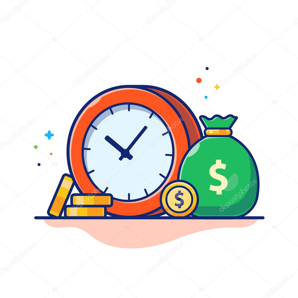 Clock And Gold Coin Cartoon Vector Icon Illustration. Business Finance Icon Concept Isolated Premium Vector. Flat Cartoon Style