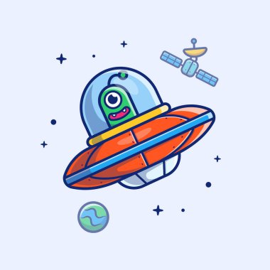 Alien Spaceship Flying In space Cartoon Vector Icon Illustration. Science Technology Icon Concept Isolated Premium Vector. Flat Cartoon Style