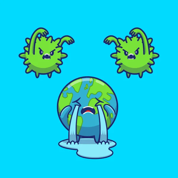 Cute World Cry Scare Virus Cartoon Vector Icon Illustration People — Stock Vector