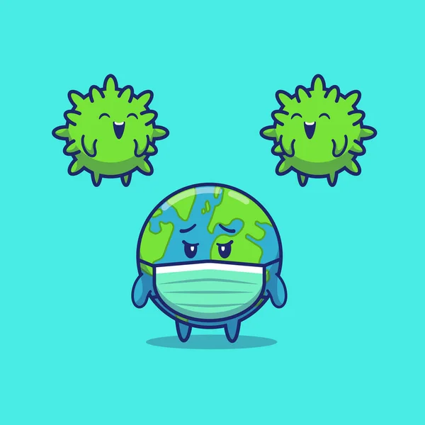 Cute World Wearing Mask Tired Virus Cartoon Vector Icon Illustration — Stock Vector