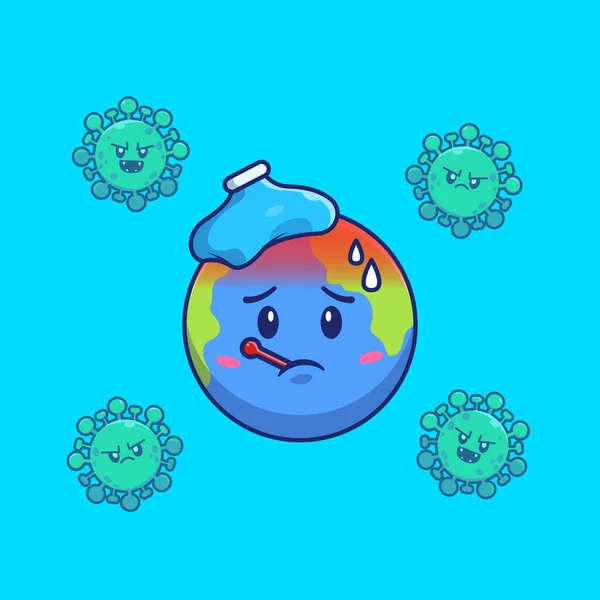 Cute World Sick Fever Virus Cartoon Vector Icon Illustration People — Stockvektor
