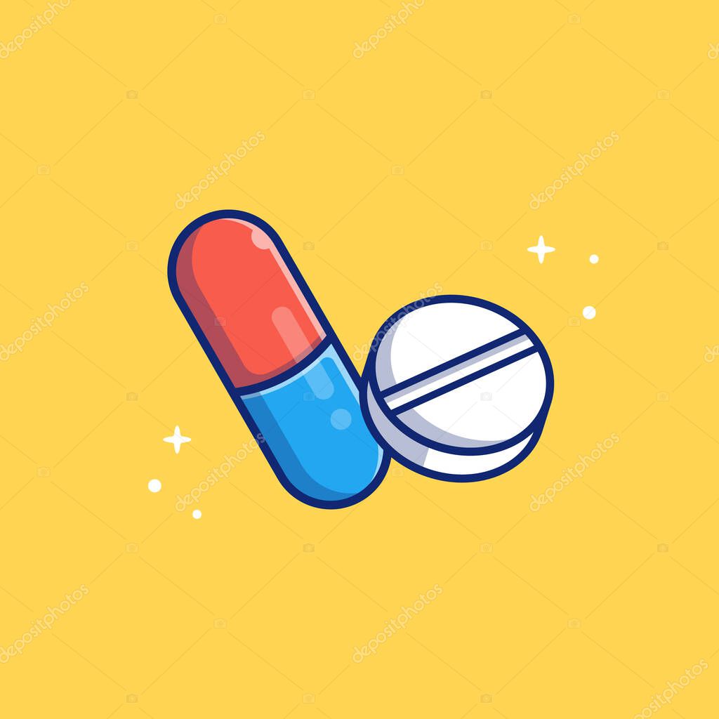 Pill And Tablet Medicine Illustration Cartoon Vector Icon Illustration. Healthcare Object Icon Concept Isolated Premium Vector. Flat Cartoon Style