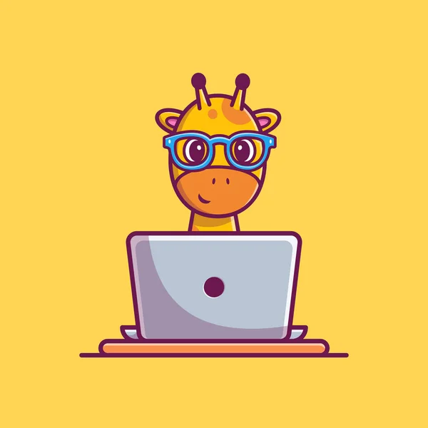 Cute Giraffe Operating Laptop Cartoon Vector Icon Illustration Konsep Ikon - Stok Vektor