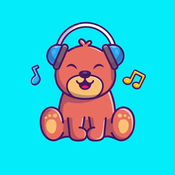 可爱的熊听音乐与耳机卡通矢量图标说明 动物技术图标概念隔离溢价向量 平面卡通风格 — 图库矢量图片