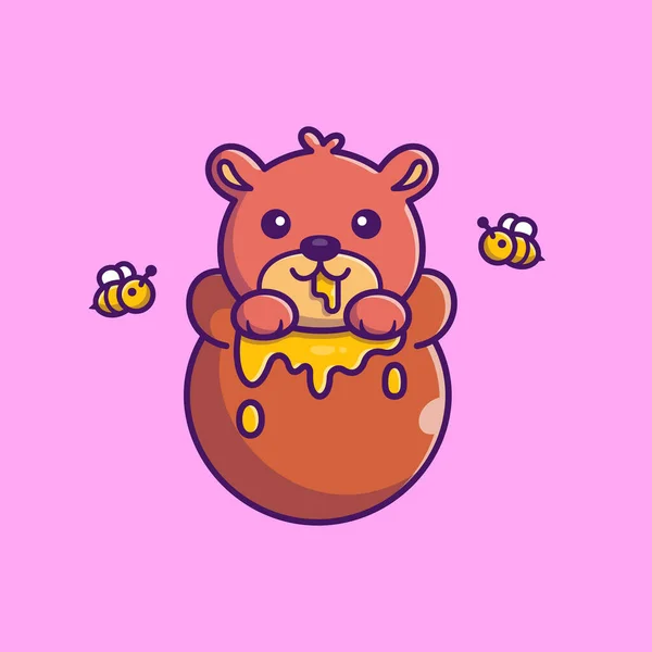 Leuke Honingbeer Eten Honing Cartoon Vector Icoon Illustratie Diervoeder Icon — Stockvector