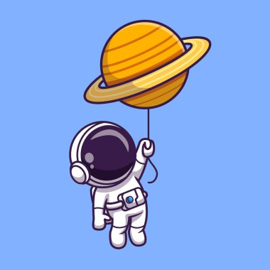 Uzay Filmi Vektör İllüstrasyonu 'nda Balon Gezegeni' nde Yüzen Sevimli Astronot. Teknoloji Bilimi Simgesi İzole edilmiş Premium Vektörü. Düz Çizgi Film Biçimi