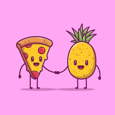Ananas Çizgi Filmi Vektör Resimleriyle Tokalaşan Şirin Pizza. Gıda ve İçecek Simgesi İzole edilmiş Premium Vektörü. Düz Çizgi Film Biçimi