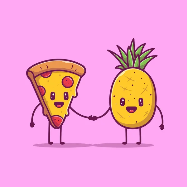 可爱的比萨握手与菠萝卡通病媒图标说明 食物及饮品离子概念隔离溢价向量 平面卡通风格 — 图库矢量图片