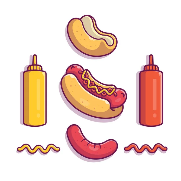 Hot Dog Set Cartone Animato Icona Vettoriale Illustrazione Fast Food — Vettoriale Stock