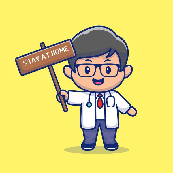 Cute Doctor Stay Home Cartoon Vector Icon Illustration People Icono — Archivo Imágenes Vectoriales