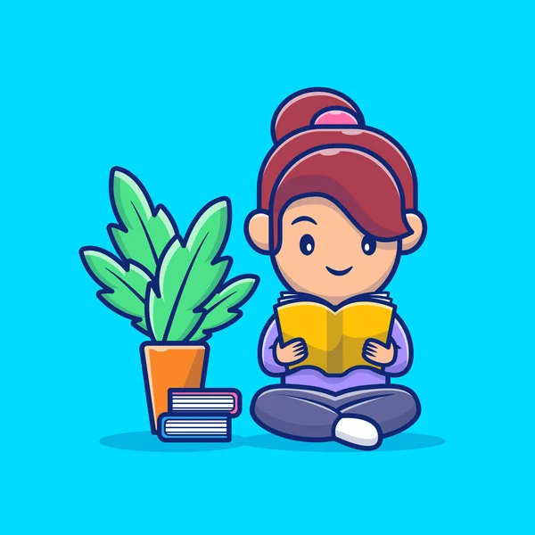 Cute Girl Reading Book Cartoon Vector Icon Illustration People Education — Stock Vector