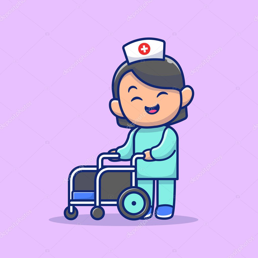 Cute Nurse With wheelchair Cartoon Vector Icon Illustration.People Medical Icon Concept Isolated Premium Vector. FlatCartoon Style
