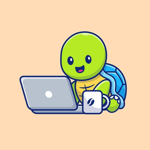 Cute Turtle Operating Laptop Cartoon Vector Icon Illustration Animal Technology — Stock Vector