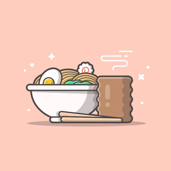 Ramen Bowl Noodle Con Uovo Bollito Cartone Animato Vettoriale Icona — Vettoriale Stock