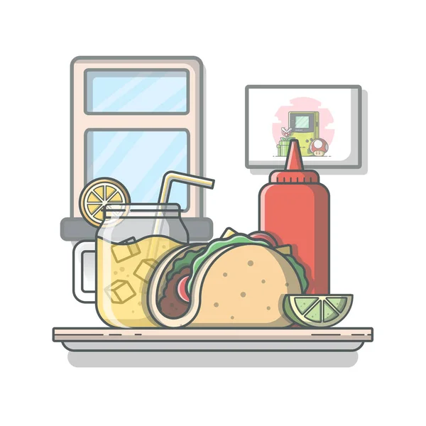 Taco Mexican Food Lemonade Ketchup Cartoonvector Icon Illustration Food Drink — Stock Vector