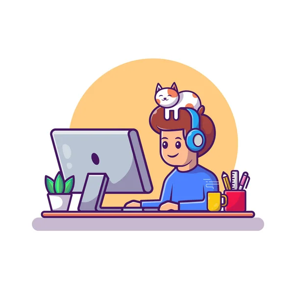 Masculino Trabalhando Computador Com Ilustração Vetor Desenho Animado Gato Conceito —  Vetores de Stock