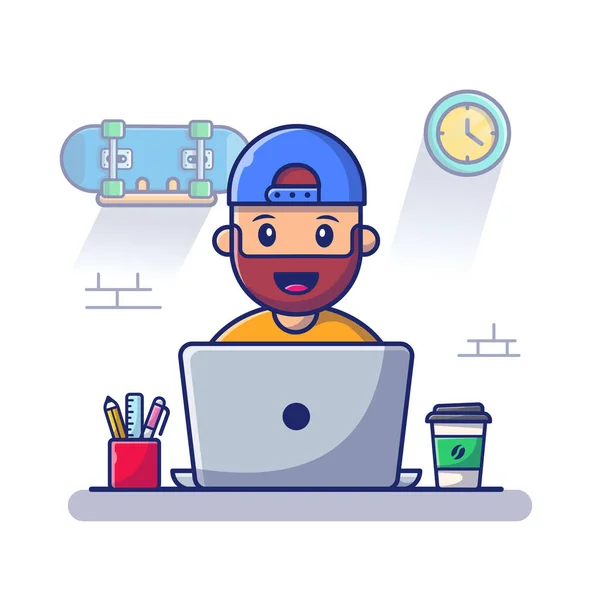Masculino Trabalhando Ícone Vetor Dos Desenhos Animados Portátil Illustration Business —  Vetores de Stock