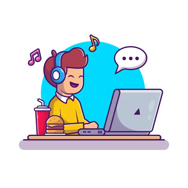 Male Listening Music Headphone Laptop Cartoonvector Icon Illustration Dalam Bahasa - Stok Vektor