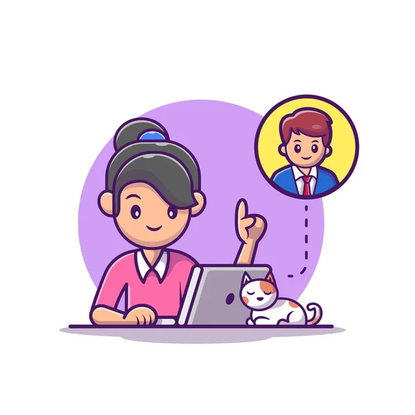 Women Video Call Laptop Cat Cartoon Vector Iconillustration Dalam Bahasa - Stok Vektor
