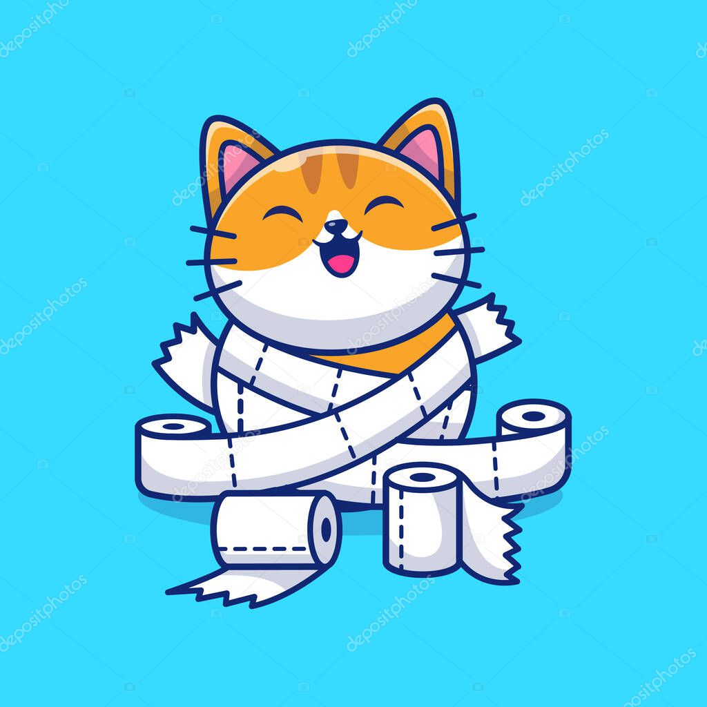 Cute Cat With Toilet Tissue Paper Roll. Cartoon Vector IconIllustration. Animal Medical Icon Concept Isolated PremiumVector. Flat Cartoon Style