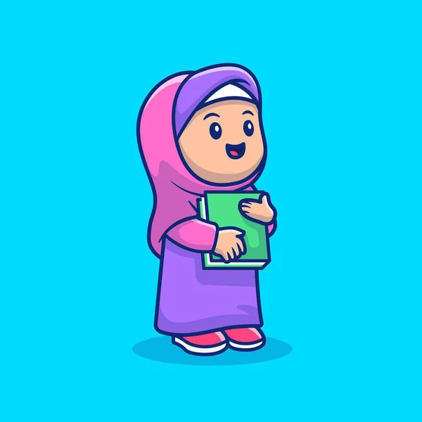 Cute Girl Muzułmanin Gospodarstwa Książki Wektor Rysunkowy Ikona Ilustracja Ludzie — Wektor stockowy