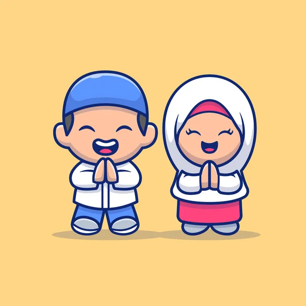 可爱的女孩和男孩穆斯林庆祝开斋节穆巴拉克漫画病媒图标说明 人民宗教观念与分离的保费向量 平面卡通风格 — 图库矢量图片