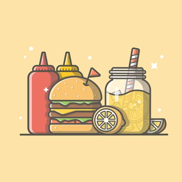 Limonata Ketçap Çizgi Film Vektörü Konililasyonlu Burger Gıda Çecek Simgesi — Stok Vektör