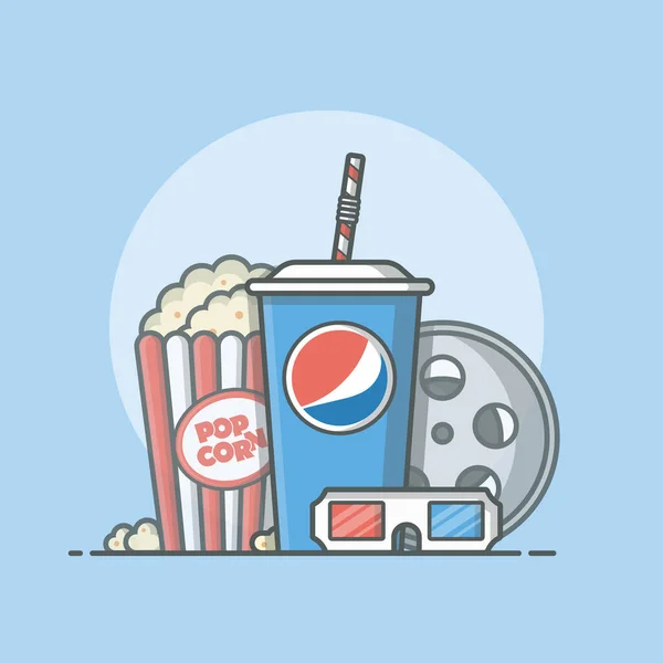 Popcorn Soda Roll Film Cartoon Vector Εικονογράφηση Εικόνα Holiday Recreation — Διανυσματικό Αρχείο