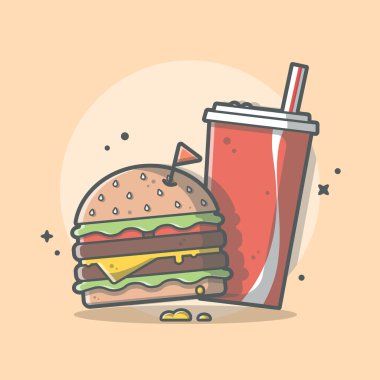 Burger ve Soda Karikatür Vektör Simgesi İllüstrasyonu. Gıda ve İçecek Simgesi İzole edilmiş Premium Vektörü. Düz Çizgi Biçimli
