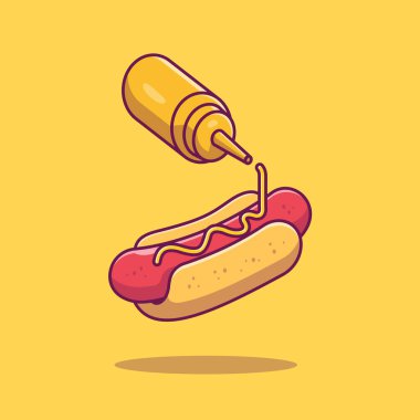 Hardal Çizgi Filmi Vektör Simgesi İllüstrasyonlu Hotdog. Fast Food Simgesi İzole edilmiş Premium Vektörü. Düz Çizgi Biçimli