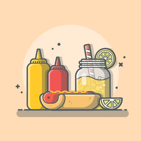 Hotdog Med Lemonade Och Ketchup Tecknad Vektor Ikonillustration Mat Och — Stock vektor