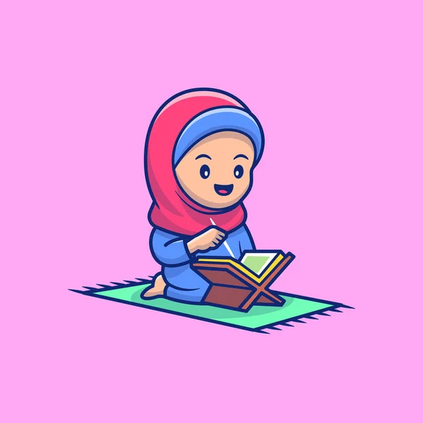 穆斯林女孩坐着朗诵 古兰经 漫画病媒图解 人们重设图标概念孤立的溢价向量 平面卡通风格 — 图库矢量图片