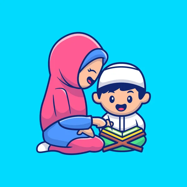 Soleh Boy Sitting Reciting Quran Cartoon Vector Iconillustration People Relgion — 图库矢量图片