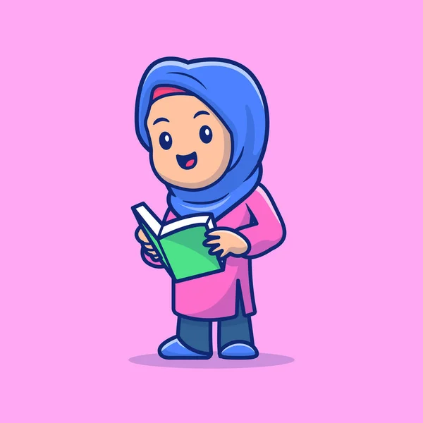 Cute Girl Muzułmanin Czytanie Książki Ikona Wektora Kreskówek Ilustracja Ludzie — Wektor stockowy