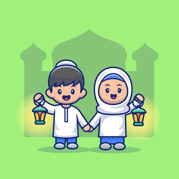穆斯林女孩和男孩拿着灯笼卡通片病媒图标 人们对宗教理想的概念与溢价向量相分离 平面卡通风格 — 图库矢量图片