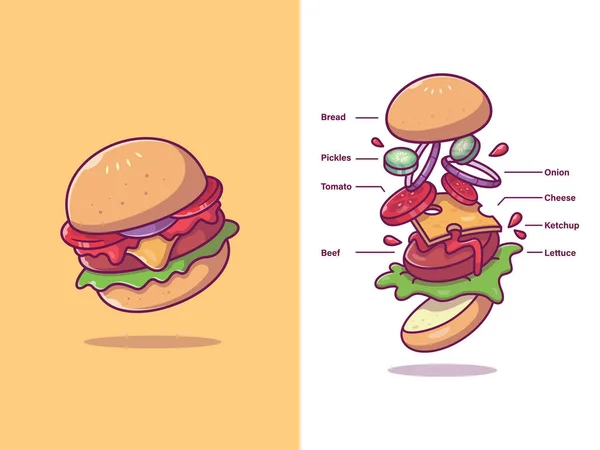 Burger Ingredientes Dibujos Animados Vector Icono Ilustración Fast Foodicon Concept — Vector de stock