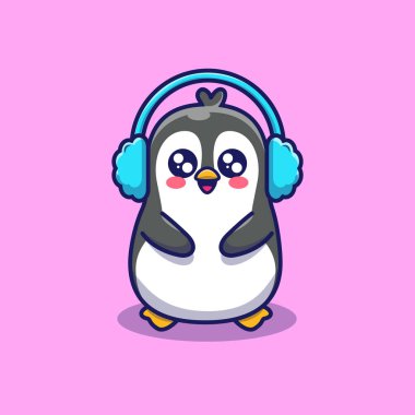 Şirin Penguen Kulaklıklı Kulaklık Çizgi Filmi Vector Icon Illustration. Hayvan Vahşi Yaşam Simgesi İzole Edilmiş Premium Vektörü. Düz Çizgi Film Biçimi