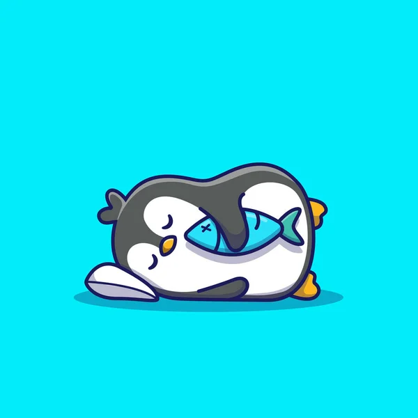 Cute Penguin Sleeping Pillow Fish Cartoon Vectoricon Illustration Animal Love — Stock Vector