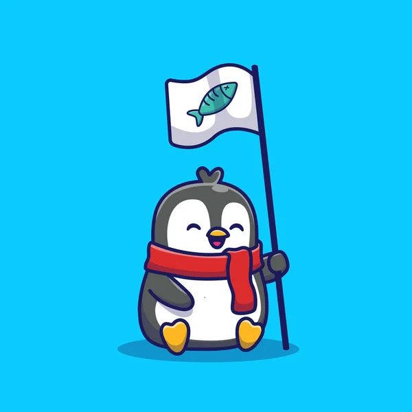 Carino Pinguino Holding Pesce Bandiera Cartoon Vector Iconillustrazione Animal Wildlife — Vettoriale Stock