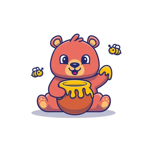可爱的小熊吃蜂蜜卡通病媒的图片 动物食物图标概念隔离溢价向量 平面卡通风格 — 图库矢量图片