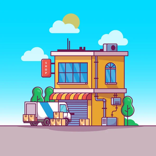 Shop Building Delivery Truck Cartoon Vector Iconillustration Building Business Icon — Stockový vektor