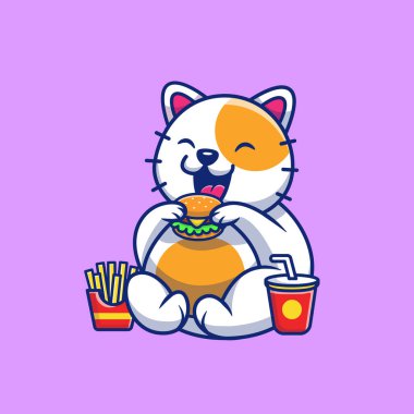 Şirin Şişko Kedi Burger Çizgi Filmi Vektör Simgesi. Hayvan Gıda Simgesi İzole Edilmiş Premium Vektörü. Düz Çizgi Film Biçimi