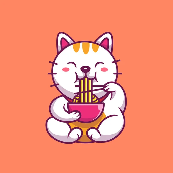 Χαριτωμένη Γάτα Τρώγοντας Noodle Chopstick Cartoon Vector Εικονογράφηση Έννοια Εικονιδίων — Διανυσματικό Αρχείο