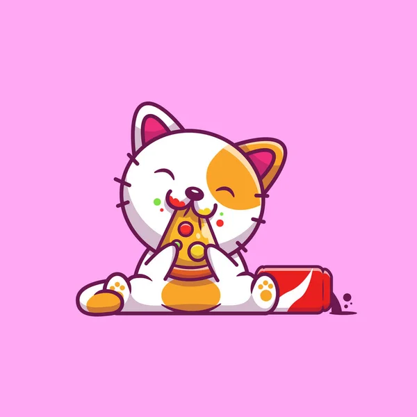 Χαριτωμένη Γάτα Τρώει Πίτσα Και Κινουμένων Σχεδίων Cola Vector Εικονογράφηση — Διανυσματικό Αρχείο