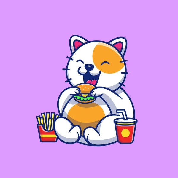 Cute Fat Cat Eating Burger Cartoon Vector Icon Illustration Animal — Stockvektor