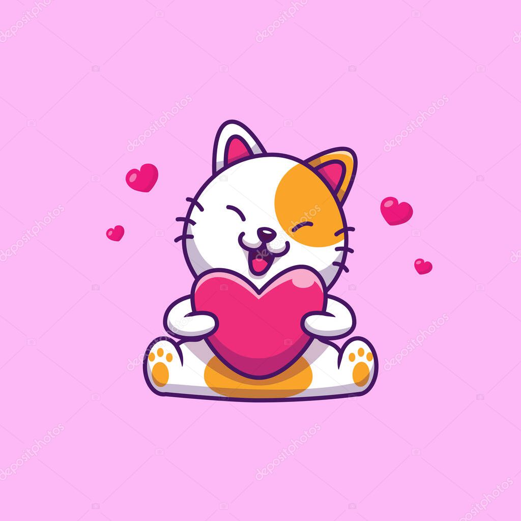 Cute Cat Sitting And Holding Love Cartoon Vector IconIllustration. Animal Nature Icon Concept Isolated PremiumVector. Flat Cartoon Style
