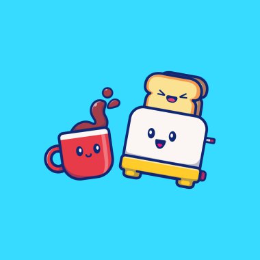 Ekmek Tostlu Şirin Kahve Çizgi Filmi Vektör Simgesi. Kahvaltı Yemek Simgesi İzole Edilmiş Premium Vektörü. Düz Çizgi Film Biçimi